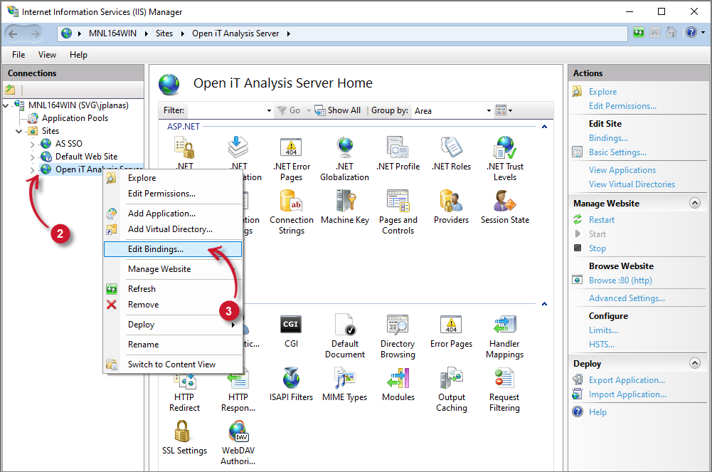 Analysis Server Post-Installation Configuration: Edit Site Bindings