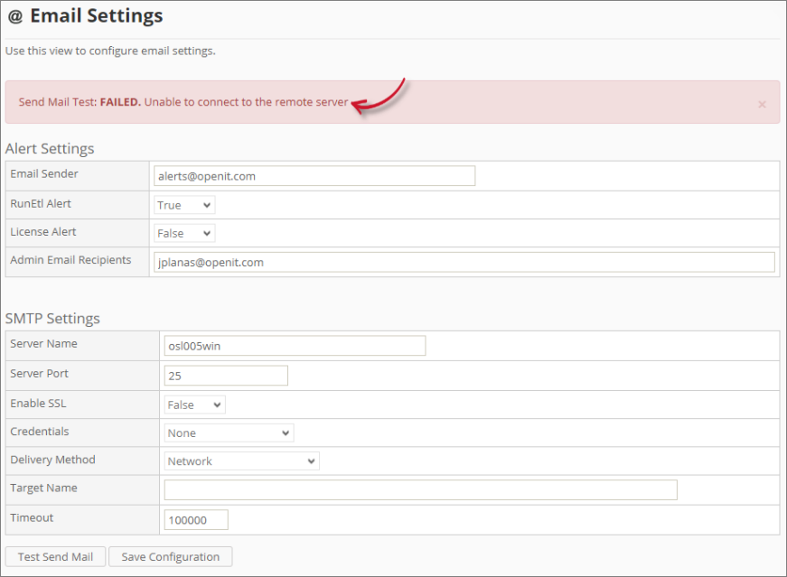 Analysis Server Troubleshooting: Send Mail Test Failed