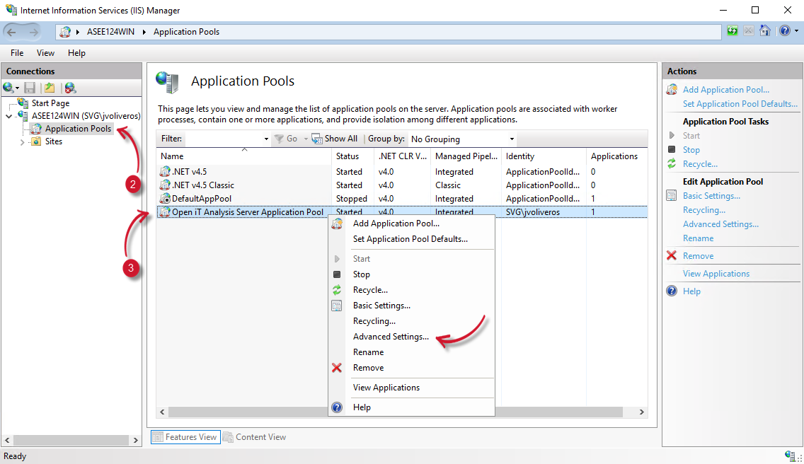 Analysis Server - IIS Application Pool