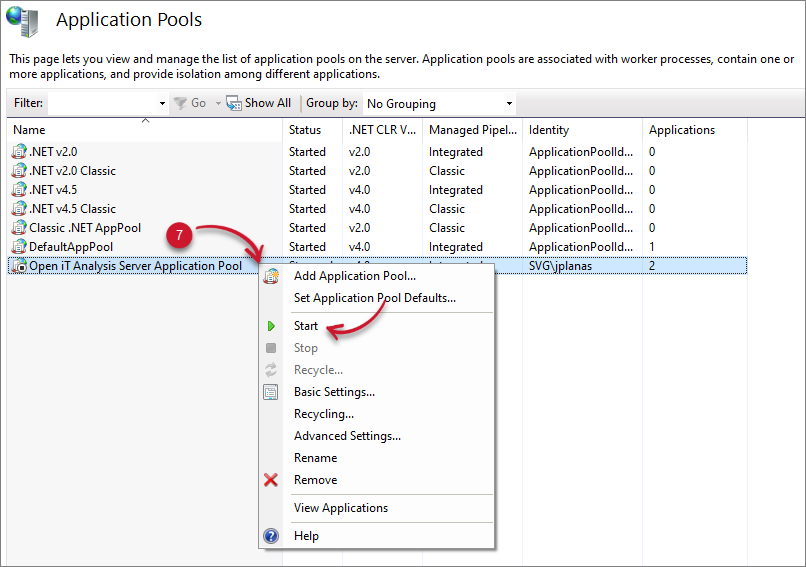 Analysis Server Configuration: Start Application Pool