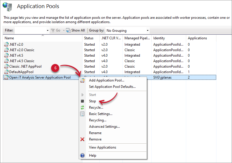 Analysis Server Configuration: Stop Application Pool