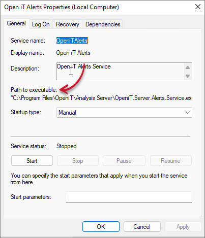 Analysis Server Upgrade Prerequisites: Open iT Alerts Service Properties