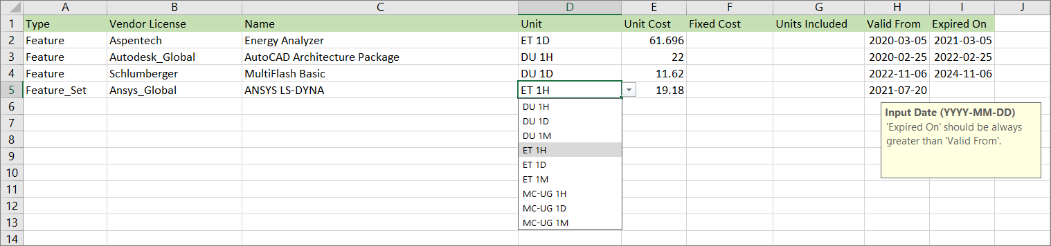 Analysis Server Application Cost: Template