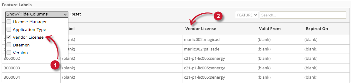  Analysis Server Feature Labeling: Show/Hide Columns Main Table