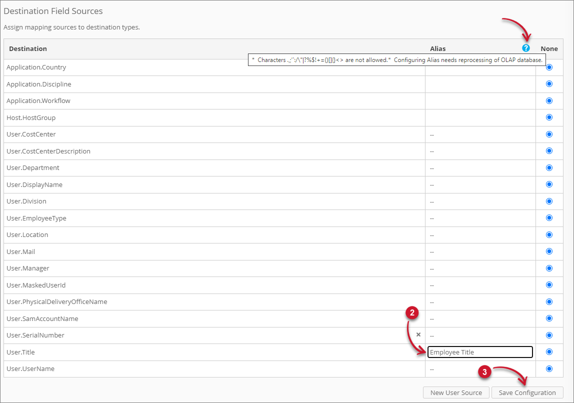  Analysis Server Mapping Sources: Adding Alias to Destination Fields