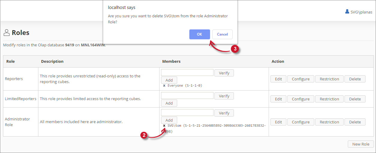  Analysis Server Administration: Deleting Role Members