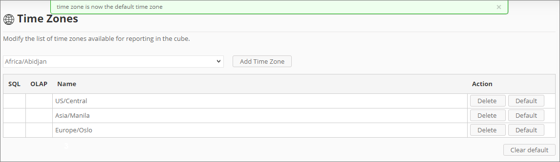  Analysis Server Administration: Clearing Default Time Zones