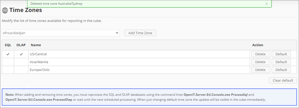  Analysis Server Administration: Removing Time Zones Confirmation