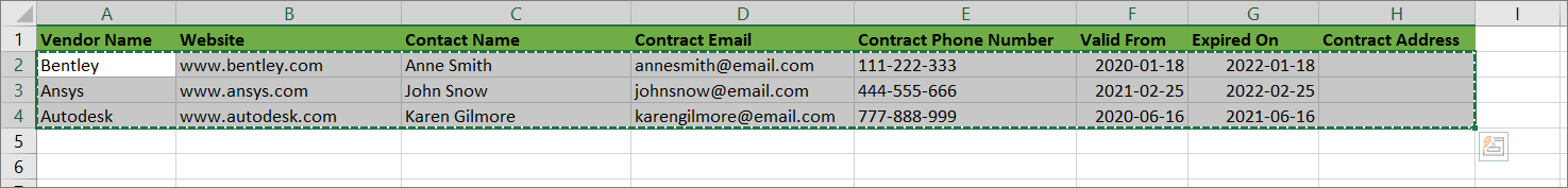 Analysis Server Vendors: Sample Excel Sheet