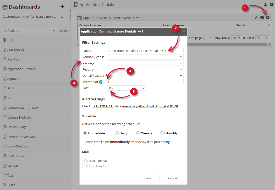 Analysis Server License Usage Portlet: Application Denials Filter Settings