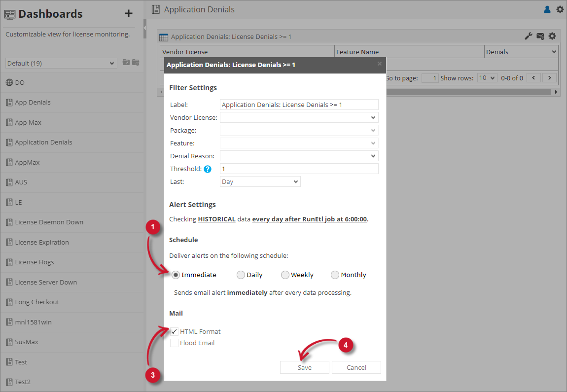 Analysis Server License Usage Portlet: Application Denials Alert Settings