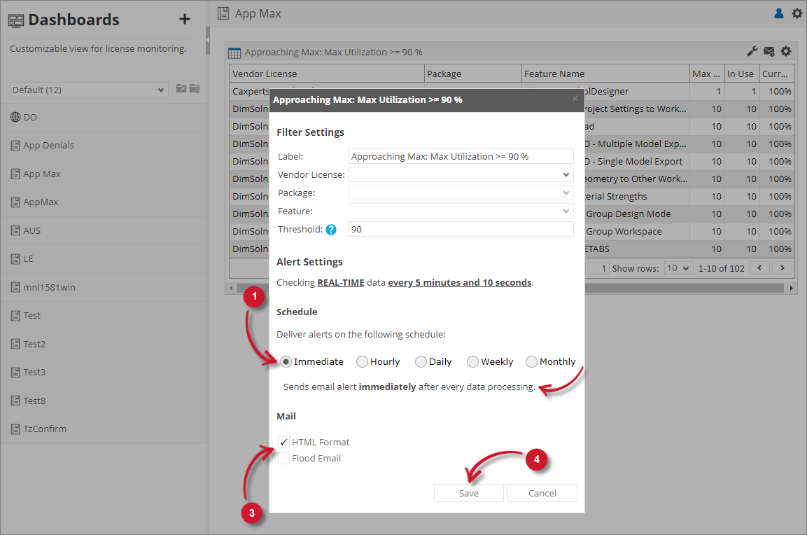 Analysis Server License Usage Portlet: Approaching Max Alert Settings