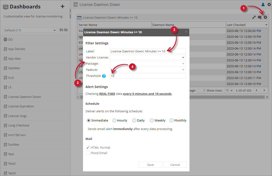 Analysis Server License Usage Portlet: License Daemon Down Filter Settings