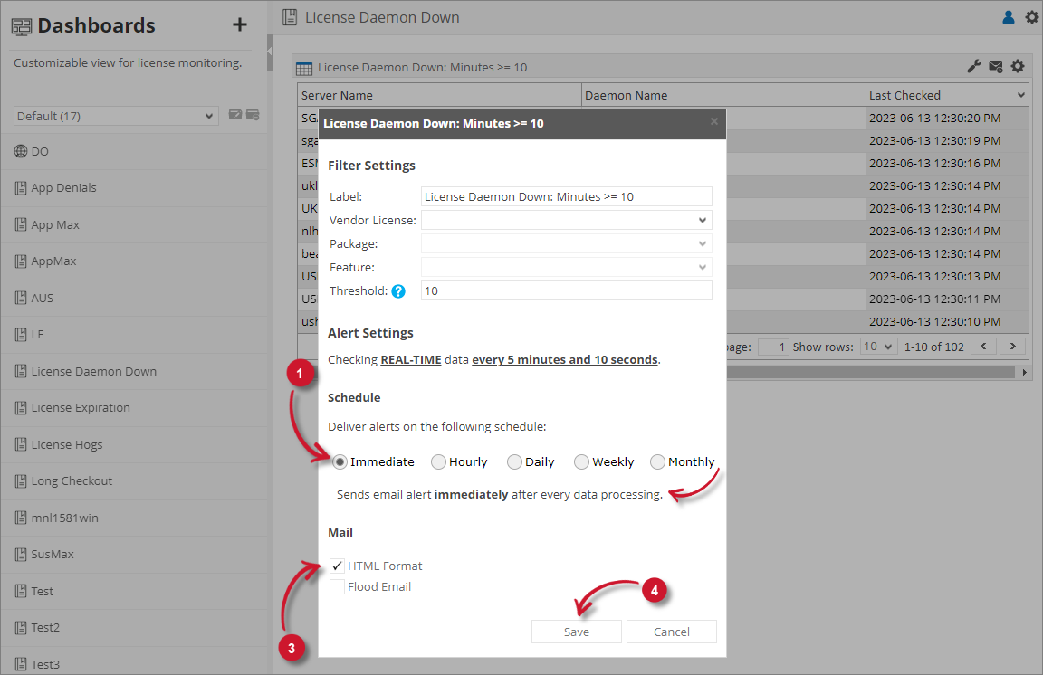 Analysis Server License Usage Portlet: License Daemon Down Alert Settings