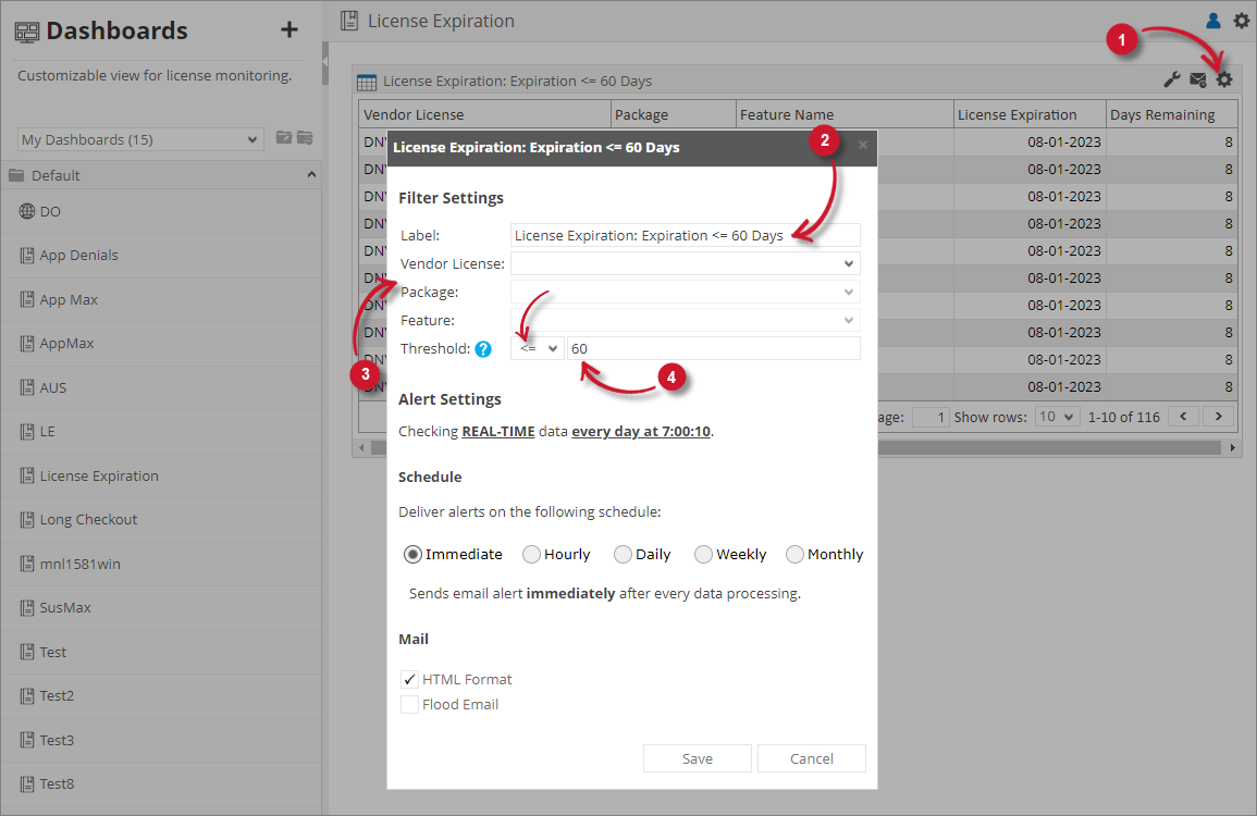 Analysis Server License Usage Portlet: License Expiration Filter Settings