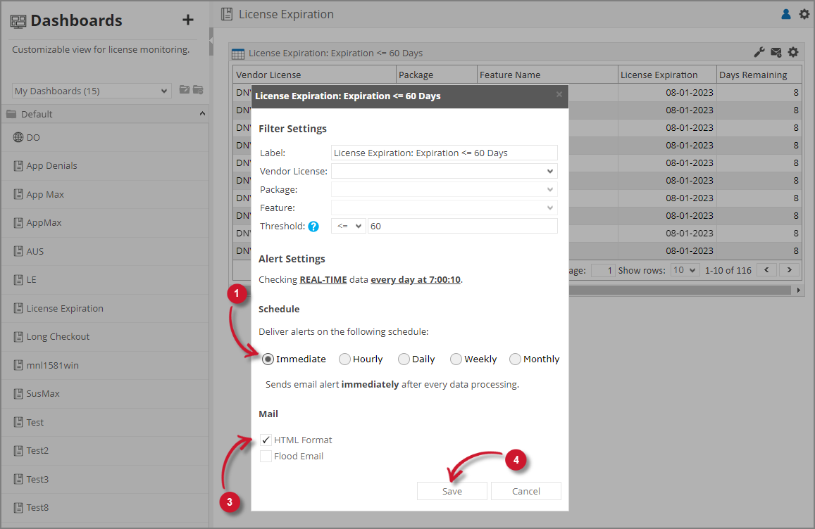 Analysis Server License Usage Portlet: License Expiration Alert Settings