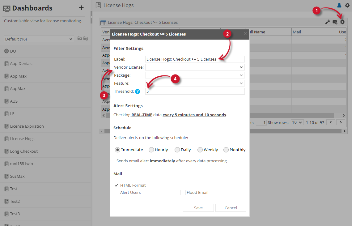 Analysis Server License Usage Portlet: License Hogs Filter Settings