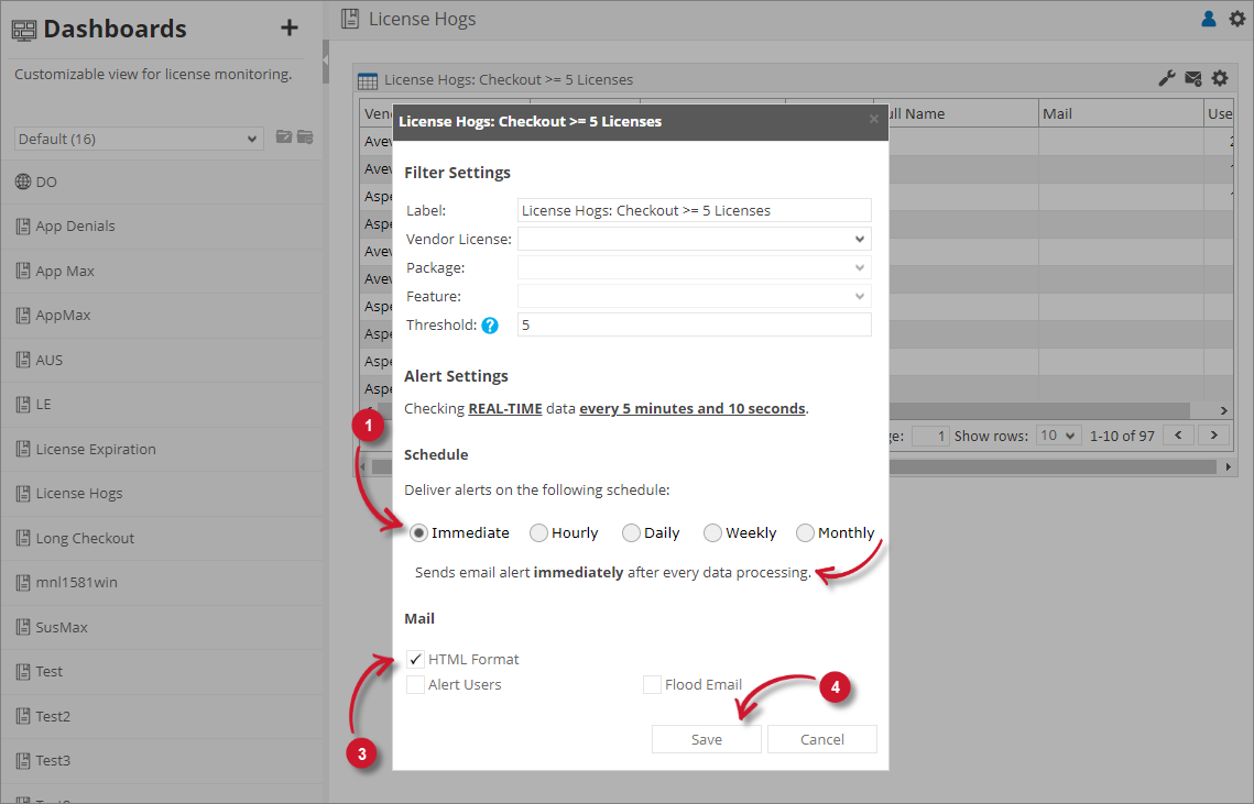 Analysis Server License Usage Portlet: License Hogs Alert Settings