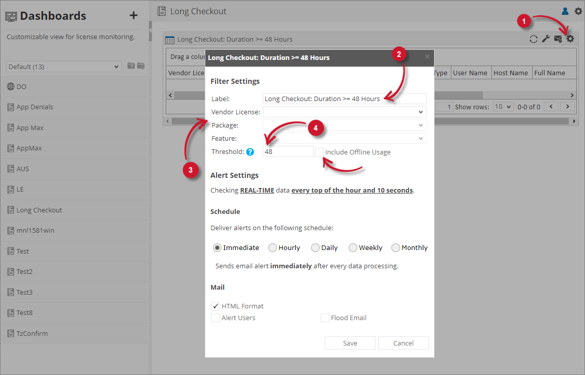 Analysis Server License Usage Portlet: Long Checkout Filter Settings