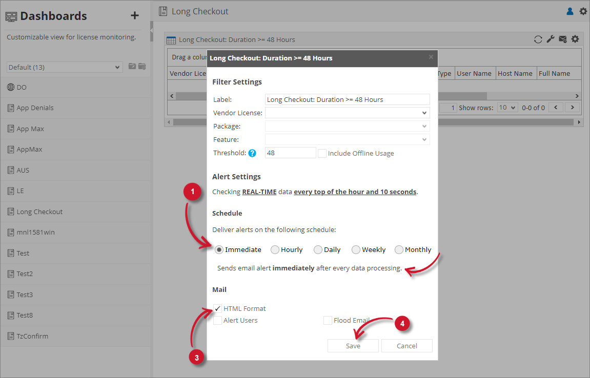 Analysis Server License Usage Portlet: Long Checkout Alert Settings