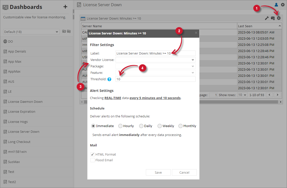 Analysis Server License Usage Portlet: License Server Down Filter Settings