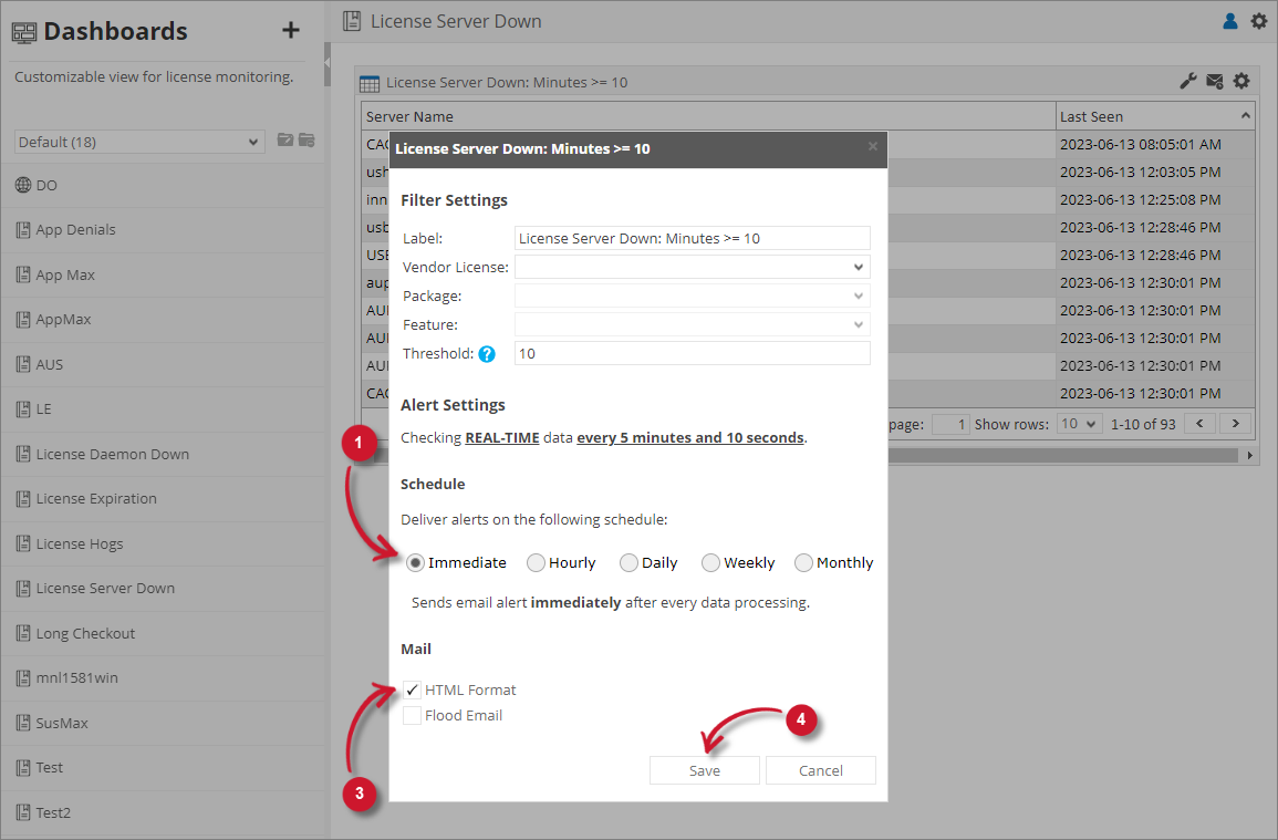 Analysis Server License Usage Portlet: License Server Down Alert Settings