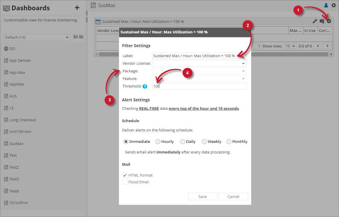 Analysis Server License Usage Portlet: Sustained Max / Hour Filter Settings