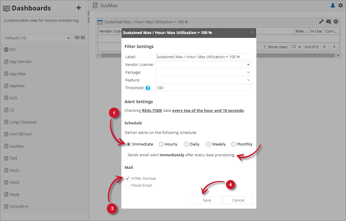 Analysis Server License Usage Portlet: Sustained Max / Hour Alert Settings