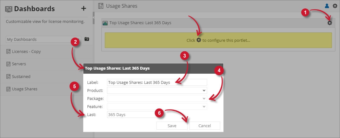 Analysis Server License Usage Portlet: Top Usage Shares Configuration