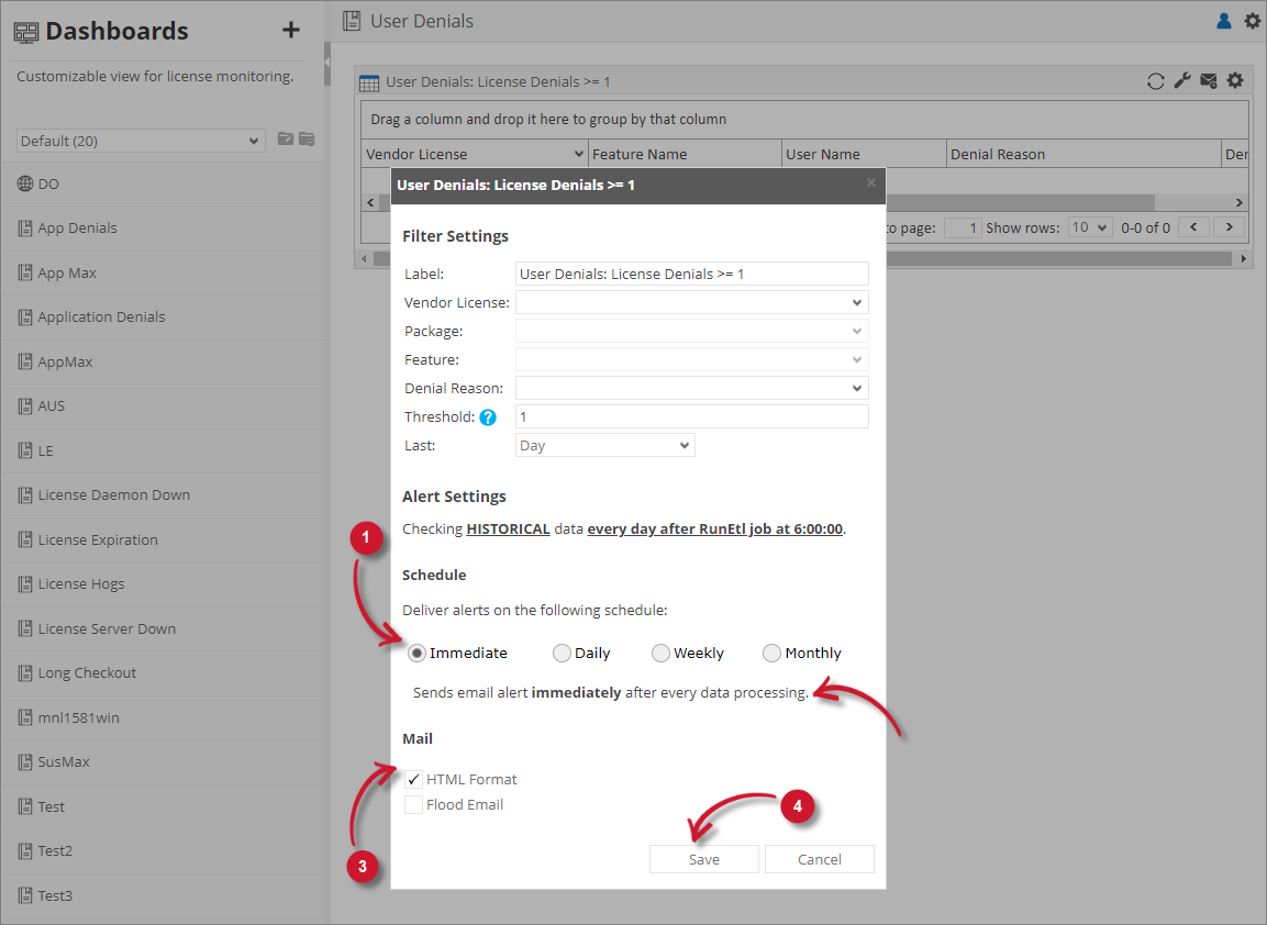 Analysis Server License Usage Portlet: User Denials Alert Settings