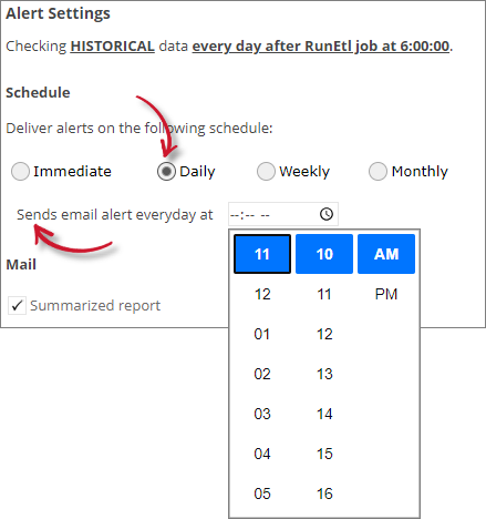 Analysis Server License Usage Portlet: User Denials Alert Settings Daily