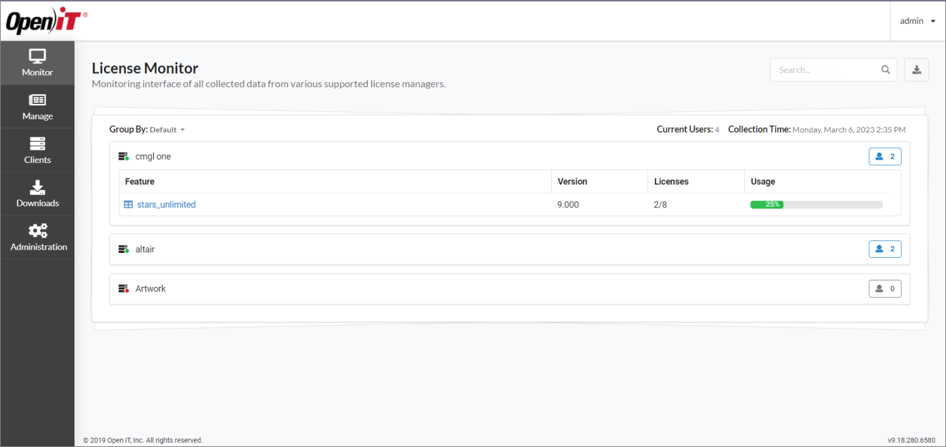 License Monitor Page: Features per Vendor