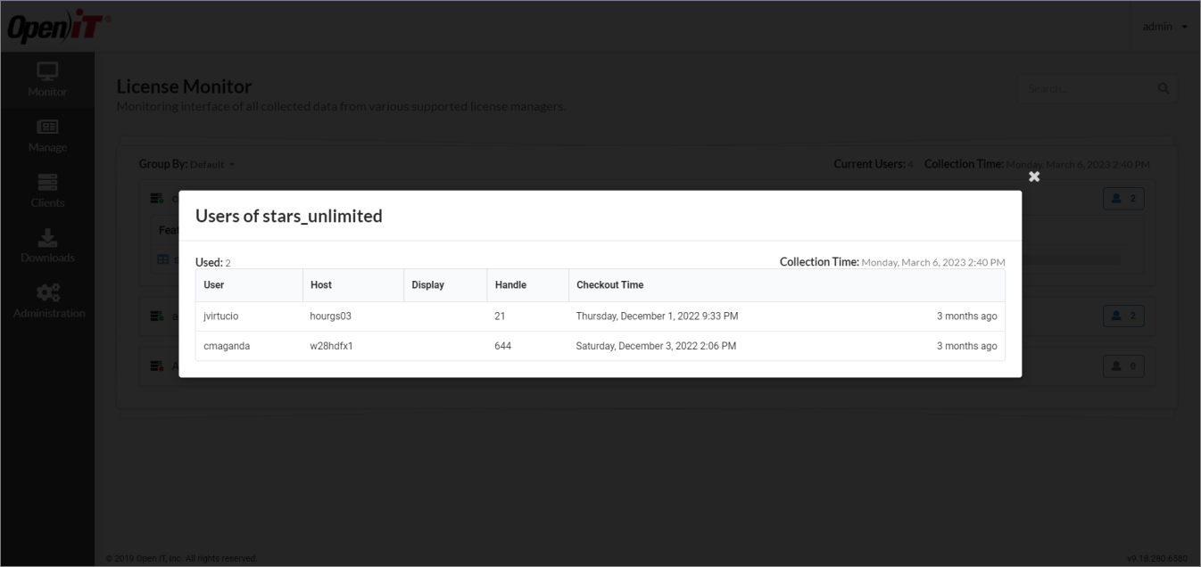 License Monitor Page: Users per Feature