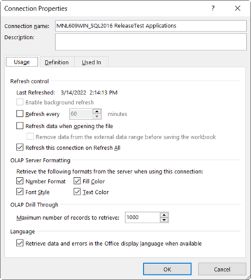 Excel: Connection Properties