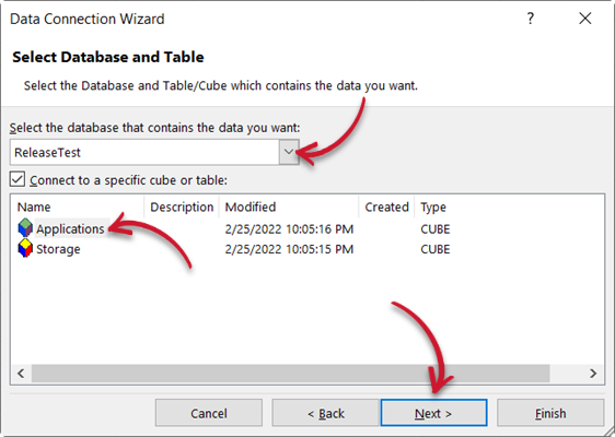 Excel: Specifying the Database and Cube