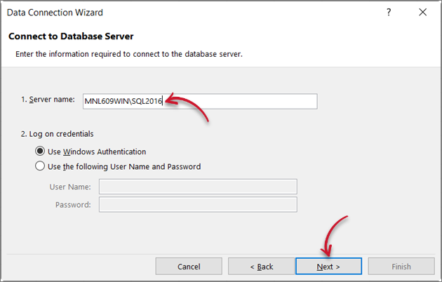 Excel: Specifying the Server and Log on Credentials