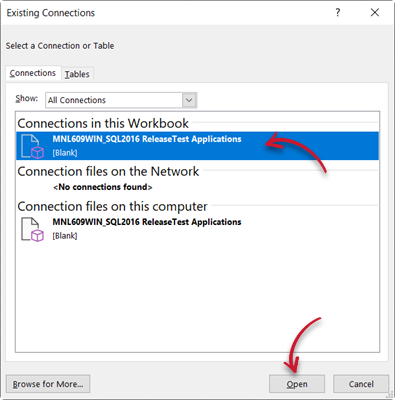 Excel: Selecting an Existing Connection