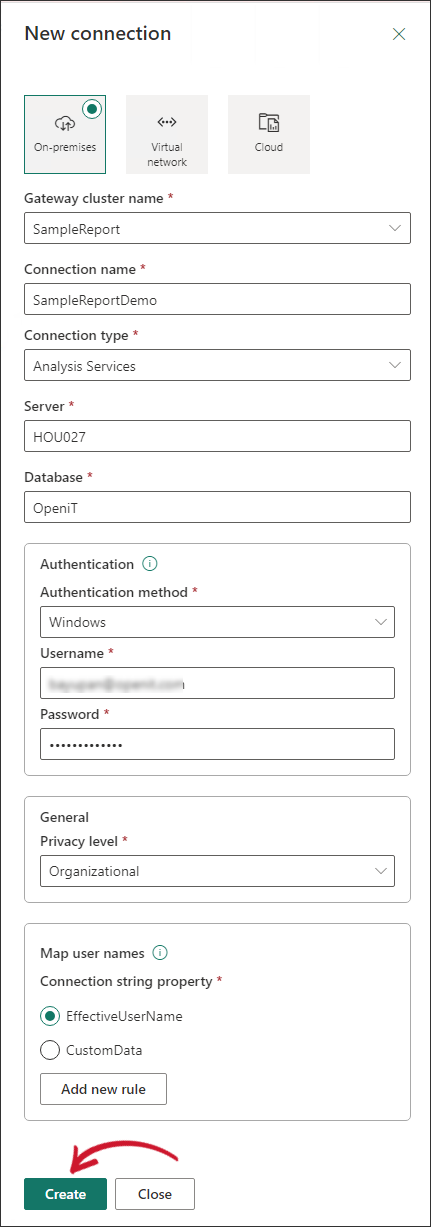 On-premises Data Gateway: Filling in Connection details