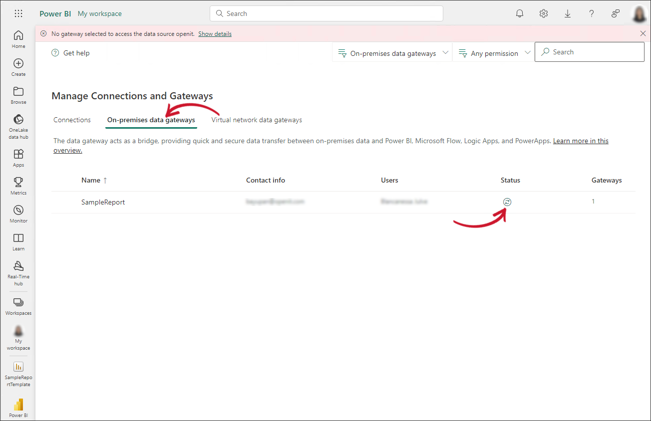 On-premises Data Gateway: Verifying the created gateway