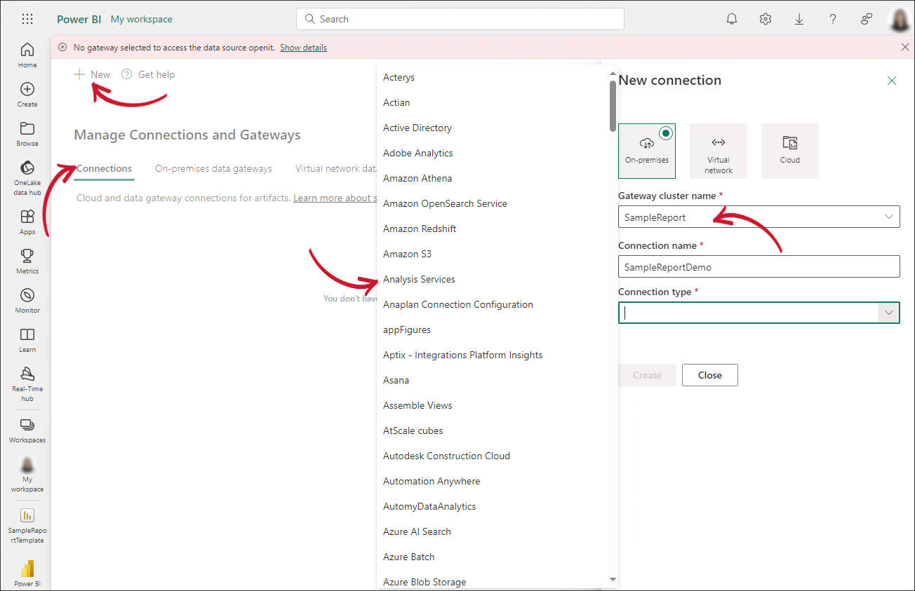 On-premises Data Gateway: Adding a connection