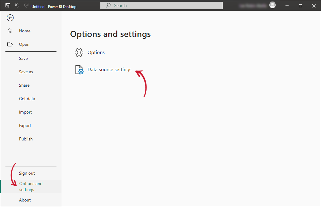 Connecting Power BI to Data Source: Navigating to Options and settings
