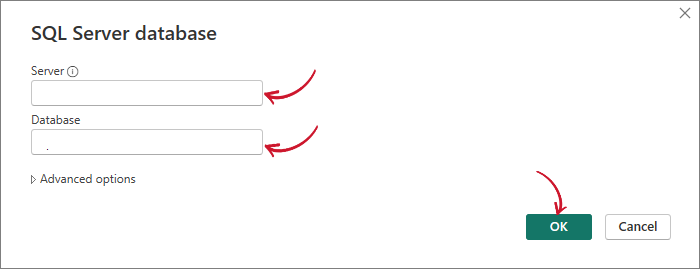 Connecting Power BI to Data Source: Fill-up the fields