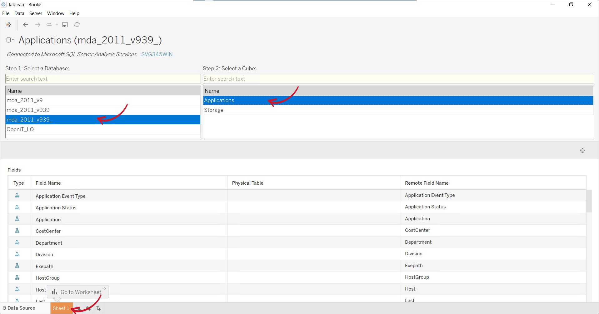 Tableau: Specifying the Database and Cube