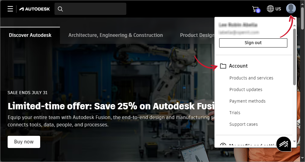 Inviting Email to Autodesk: Navigating to Account page