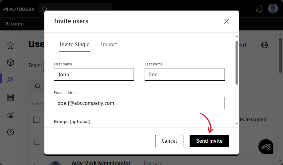 Inviting Email to Autodesk: Entering User Information