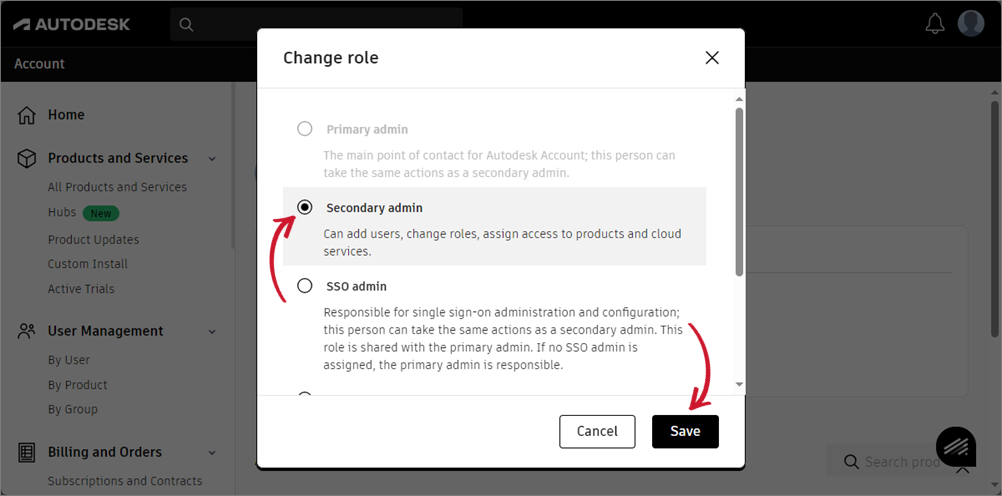 Assigning Secondary Admin Role: Select Secondary admin