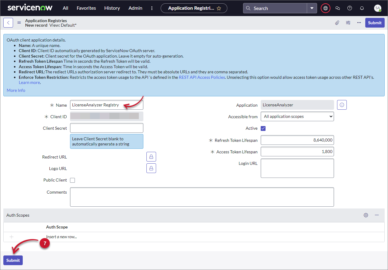 ServiceNow Integration: Application Registries Form