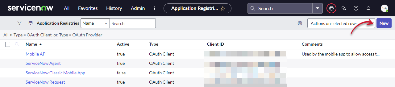 ServiceNow Integration: Application Registries List